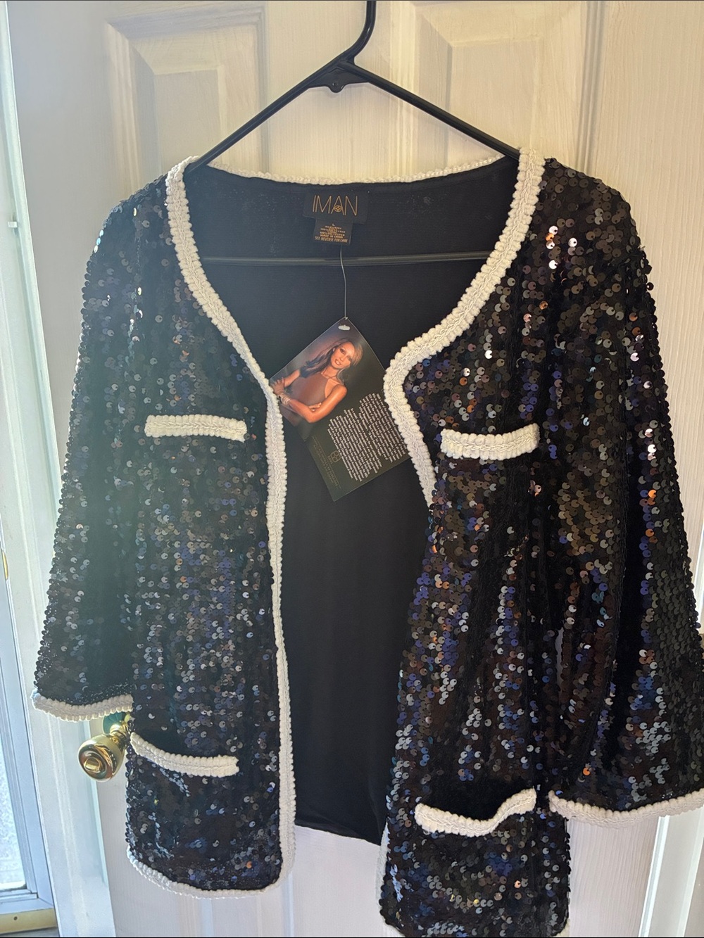 IMAN Black Sequin Open-Front Jacket with White Trim